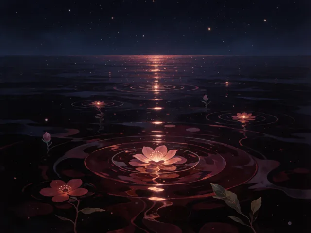 Une eau sombre et profonde sous un ciel nocturne, reflets rouges et mystérieux, une fleur immergée qui renaît