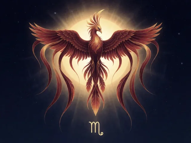Un phénix d'or renaissant d'une source lumineuse sous un ciel nocturne profond, la régénération du Scorpion