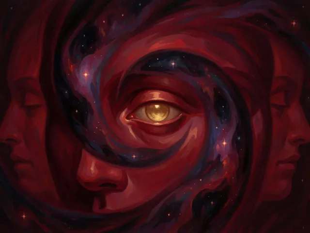Un œil d'or perçant au centre d'une spirale d'étoiles profondes, la perspicacité du Scorpion