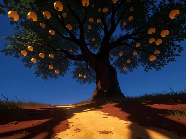 Un arbre aux fruits d'or poussant sur une terre riche sous un ciel du soir, la prospérité patiente du Taureau