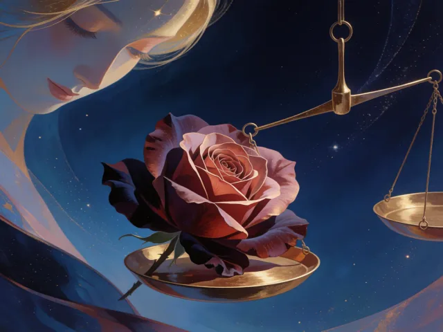Une rose épanouie posée sur une balance d'or dans une lumière tamisée, la beauté et l'harmonie