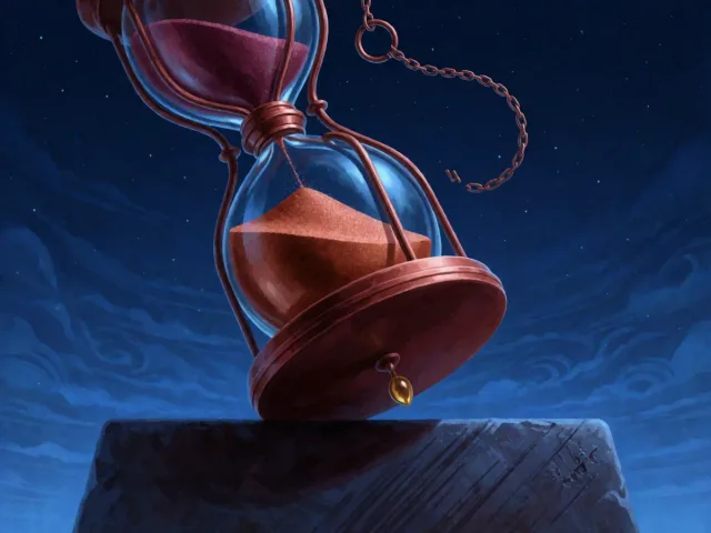 Un sablier posé sur un socle de pierre gravée sous un ciel d'hiver étoilé, le temps et la construction