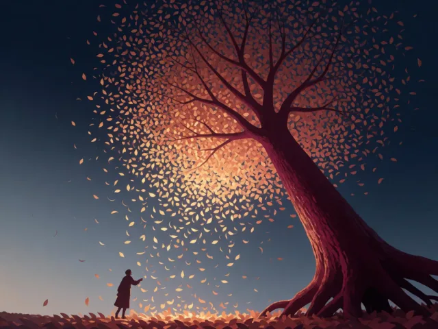Un arbre enraciné dont les feuilles s'envolent au vent sous un ciel changeant, l'attachement et l'envol