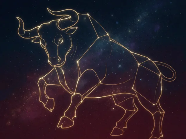 La constellation du Taureau tracée en fils d'or sur un ciel nocturne bordeaux, silhouette puissante et sereine d'un taureau