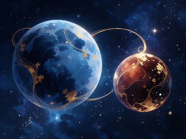 Deux astres bleutés et dorés gravitant en harmonie dans un vaste ciel étoilé, l'entente des esprits