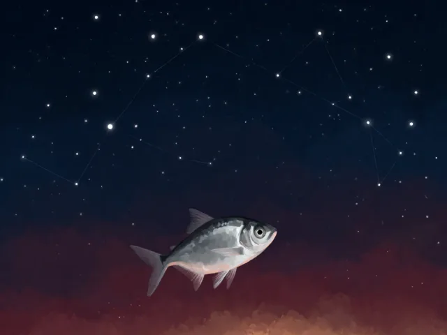 Un poisson d'argent nageant sous un ciel traversé d'étoiles bleutées et lointaines, la sensibilité et l'idée