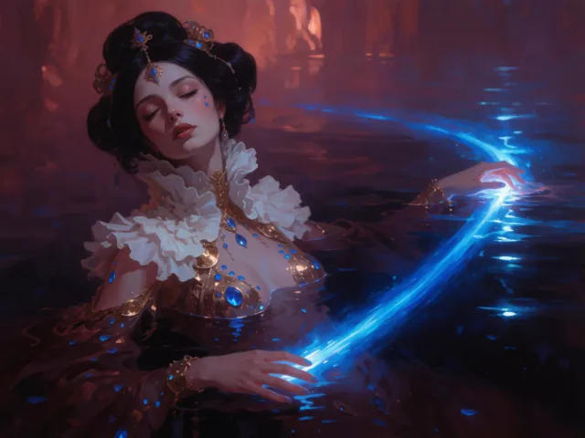 Un éclair d'énergie bleue traversant une eau sombre et profonde, l'idée et la passion