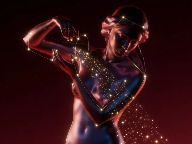 La constellation du Verseau tracée en fils d'or sur un ciel nocturne bordeaux, un porteur d'eau stylisé versant les étoiles