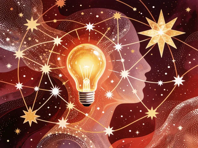 Une ampoule d'or rayonnant d'idées lumineuses au milieu d'un réseau d'étoiles, l'inventivité du Verseau