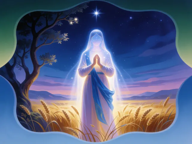 Un champ de blé doré veillé par une étoile discrète sous un ciel du soir, la tendresse dévouée de la Vierge