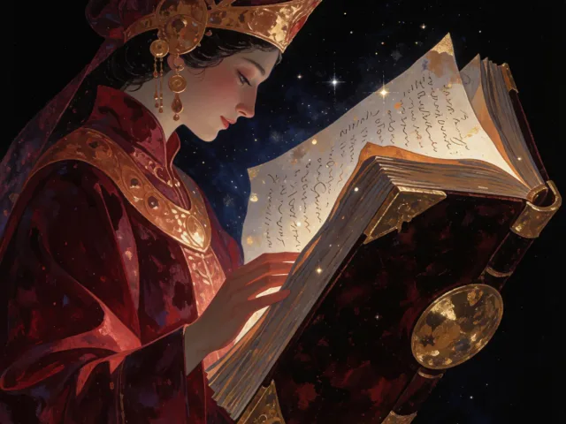 Un grand registre de comptes doré ouvert sous une lumière stellaire précise, la gestion soignée de la Vierge