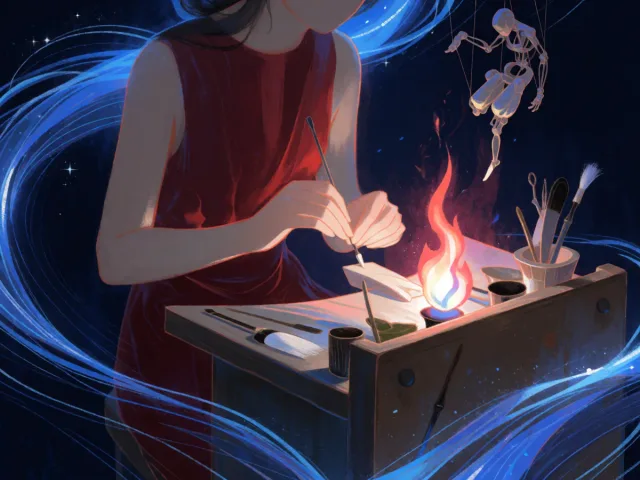 Un établi d'artisan aux outils rangés près d'une flamme vive, la minutie et l'élan