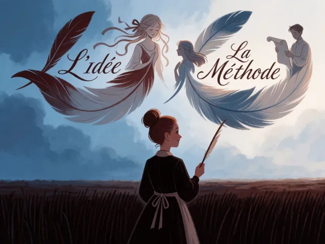 Deux plumes traçant des mots dans un ciel clair au-dessus d'un champ ordonné, l'idée et la méthode
