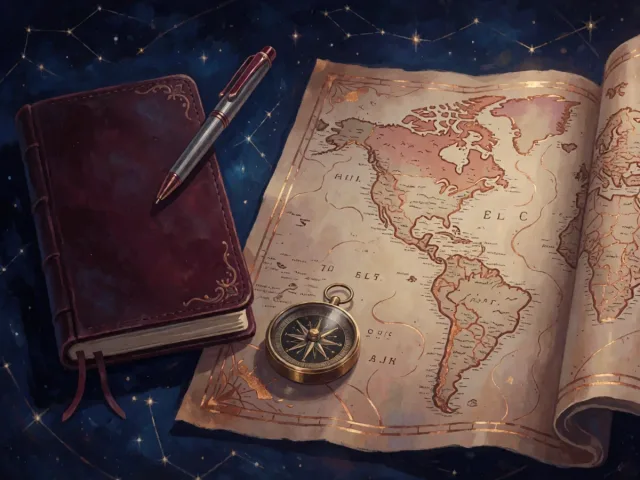 Un carnet précis posé près d'une carte du monde dépliée sous les étoiles, la rigueur et l'aventure