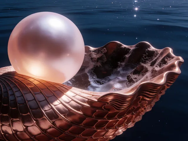 Une perle nichée au creux d'un coquillage précis sous une eau étoilée, la finesse et la profondeur