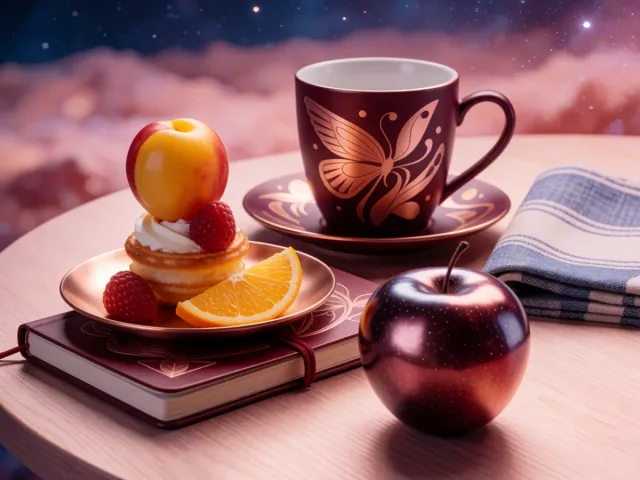 Une pomme parfaite posée près d'un carnet de notes soigné sur une table de bois, le plaisir et la précision
