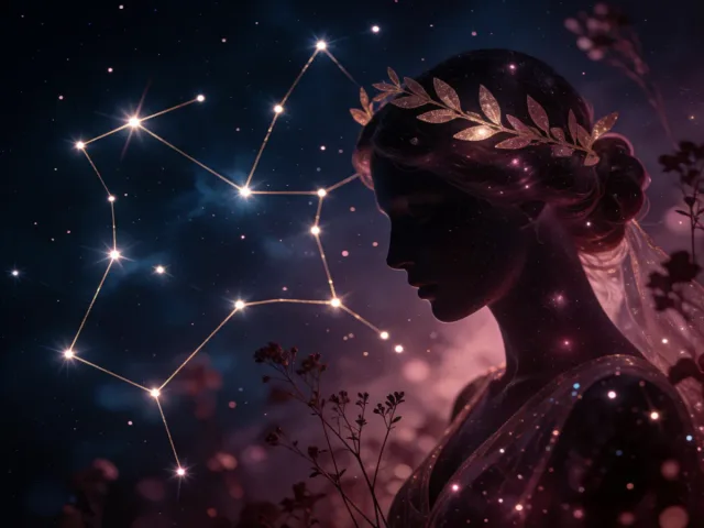 La constellation de la Vierge tracée en fils d'or sur un ciel de nuit bleu profond, quelques herbes séchées en ombres délicates